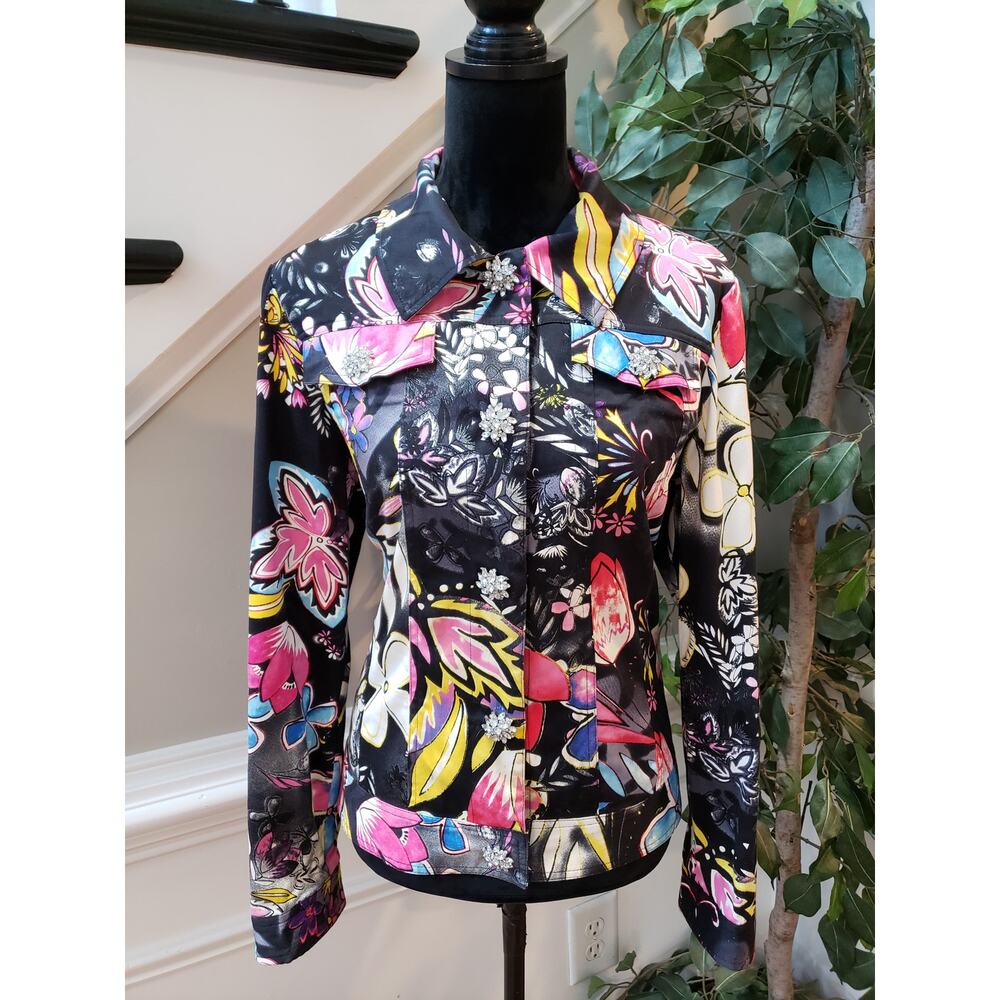 berek Black Floral Print Blazer Jacket with Pink Yellow Blue Accents